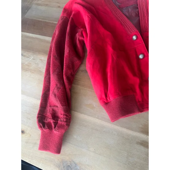 Vintage AMGE Red Leather Knit Bomber Jacket XL Made in Spain